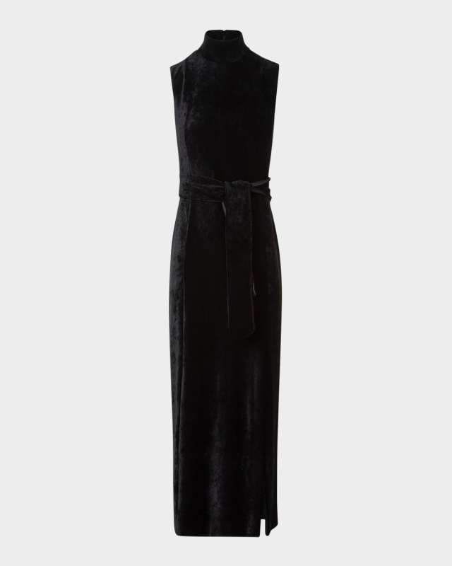 Mock-Neck Belted Velvet Jersey Midi Dress